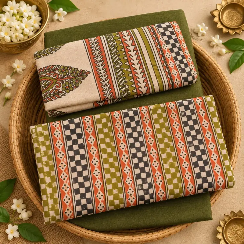 Kalamkari Cotton Dress Material – Olive Check Stripes with Olive