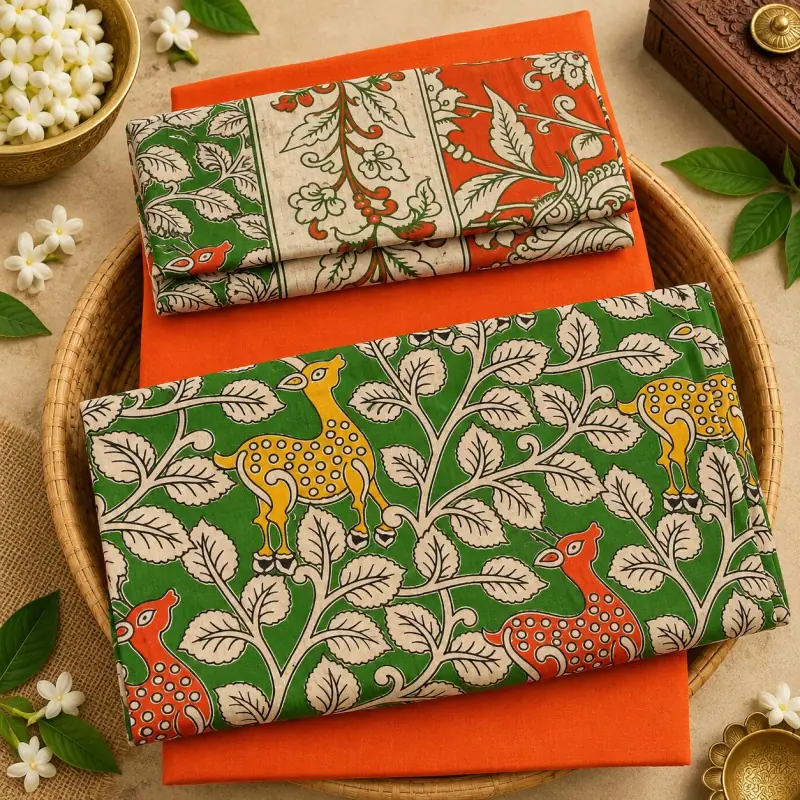 Kalamkari Cotton Dress Material – Green Deer and Leaves with Orange