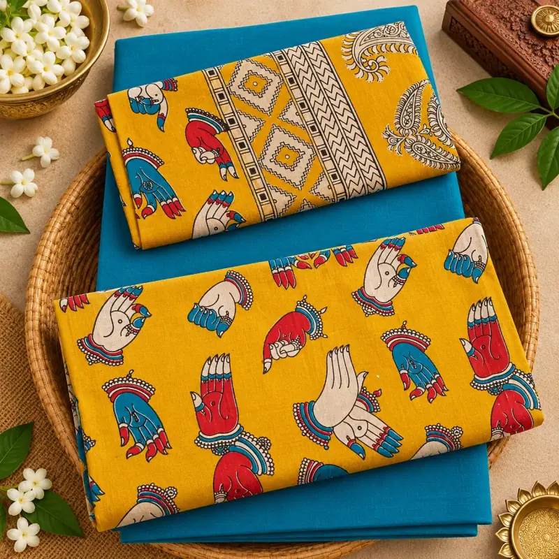 Kalamkari Cotton Dress Material – Yellow Mudra Hands with Turquoise