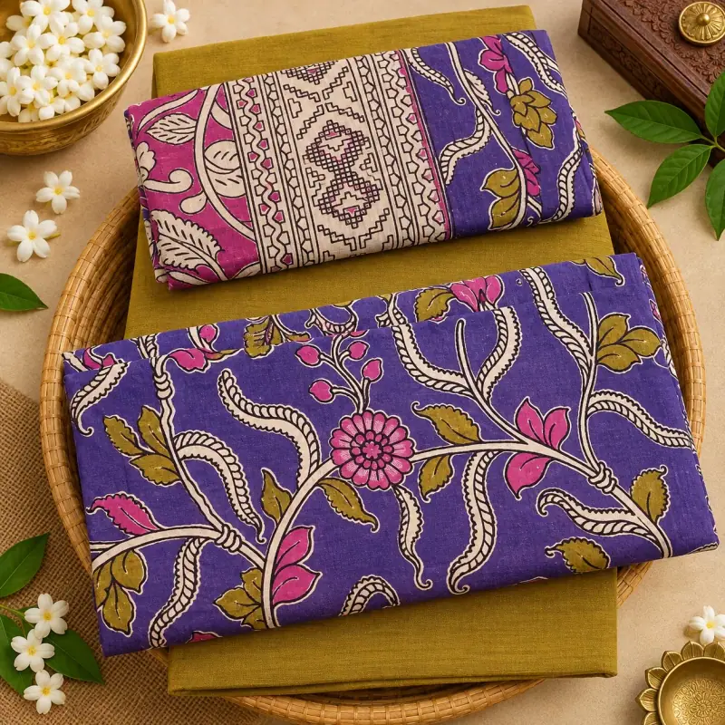 Kalamkari Cotton Dress Material – Purple Floral Vine with Olive