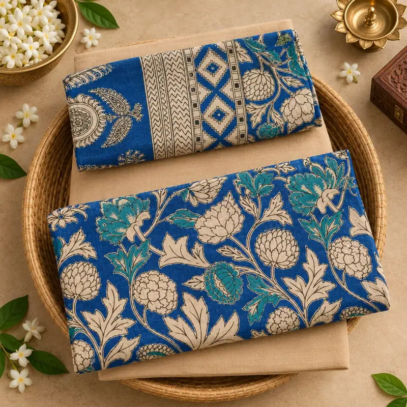 Kalamkari Cotton Dress Material – Blue Floral with Beige
