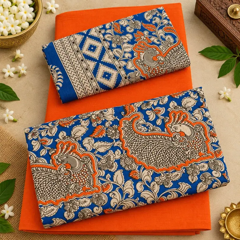 Kalamkari Cotton Dress Material – Blue Peacock with Orange