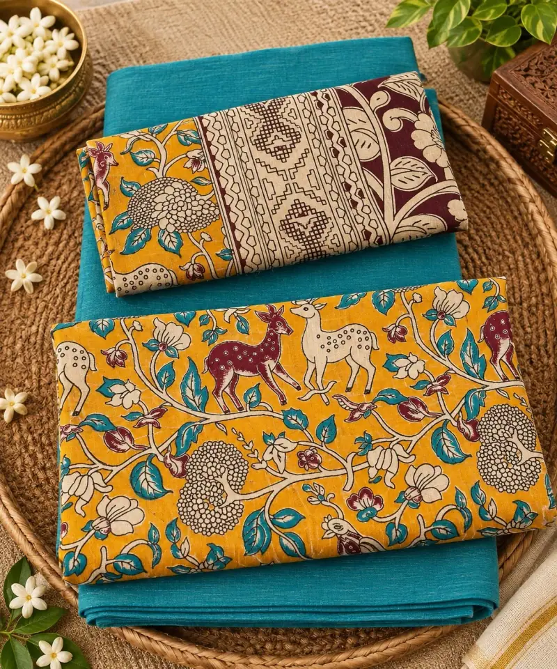 Kalamkari Cotton Dress Material – Yellow Deer and Birds with Turquoise