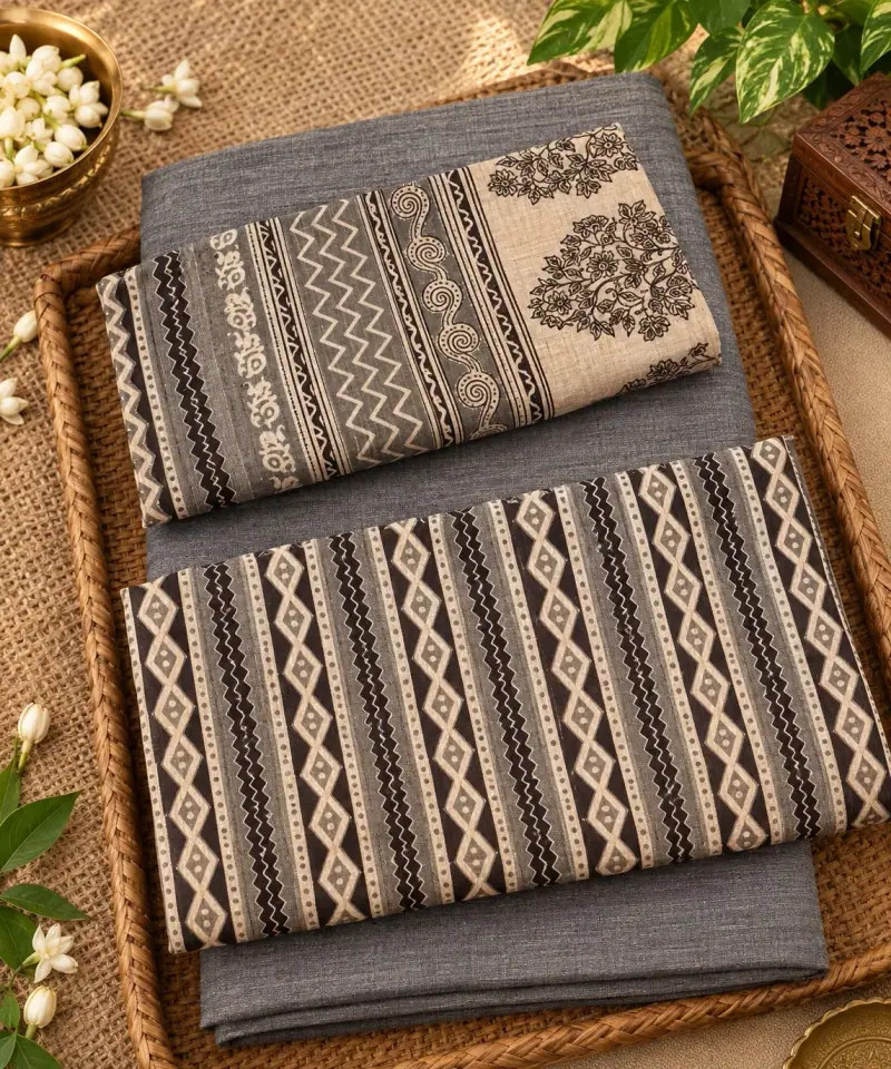 Kalamkari Cotton Dress Material – Grey Geometric Stripes with Grey