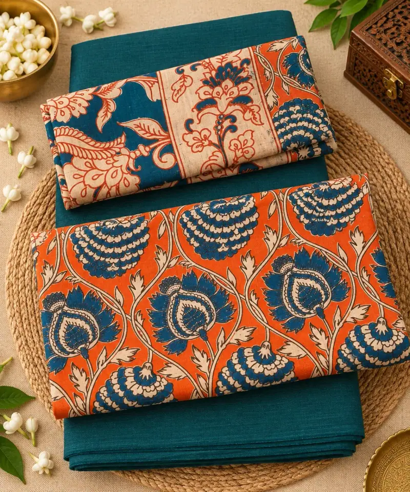 Kalamkari Cotton Dress Material – Orange Floral with Teal