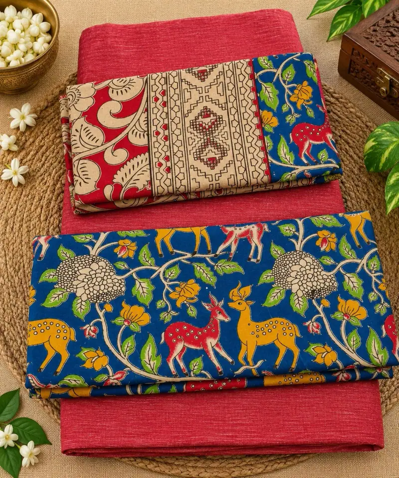 Kalamkari Cotton Dress Material – Blue Deer and Tree with Pink