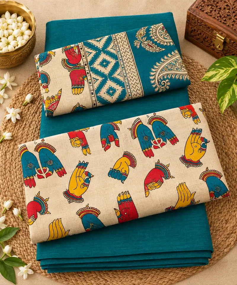 Kalamkari Cotton Dress Material – Cream Mudra Hands with Teal