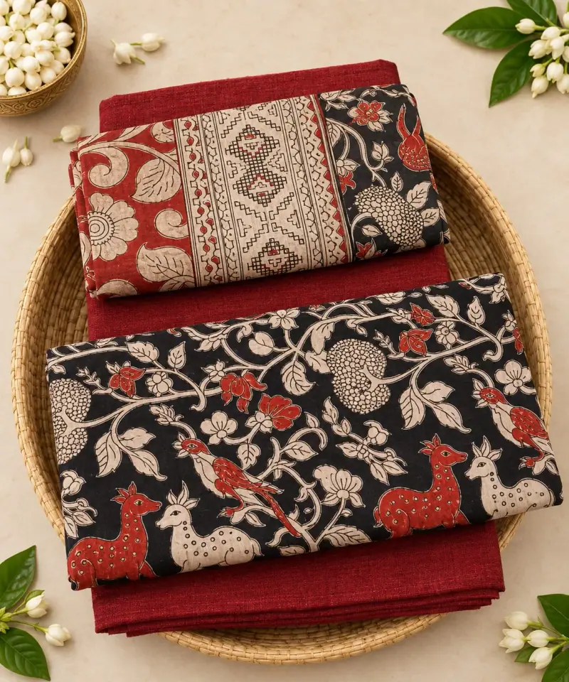 Kalamkari Cotton Dress Material – Black Deer and Birds with Maroon