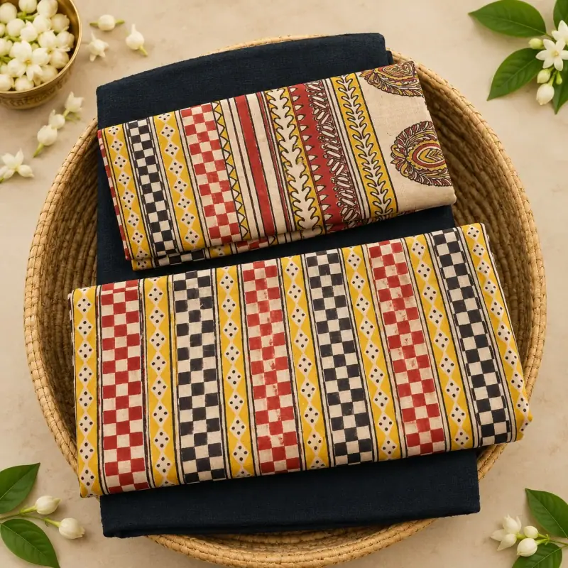 Kalamkari Cotton Dress Material – Red and Yellow Check Stripes with Black