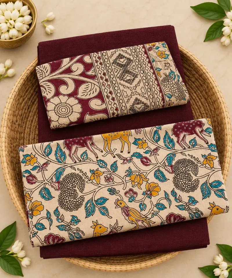 Kalamkari Cotton Dress Material – Cream Deer and Birds with Maroon