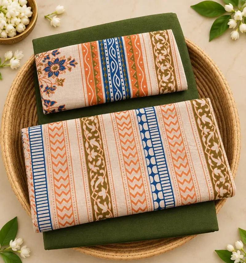 Kalamkari Cotton Dress Material – Cream Stripes with Green