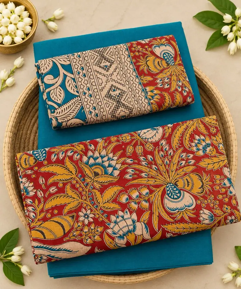 Kalamkari Cotton Dress Material – Red Floral with Turquoise