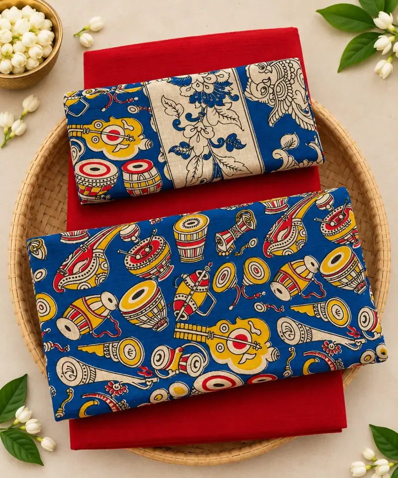 Kalamkari Cotton Dress Material – Blue Musical Instruments with Red