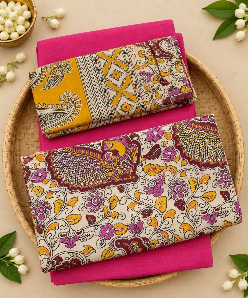 Kalamkari Cotton Dress Material – Cream Peacock Floral with Pink