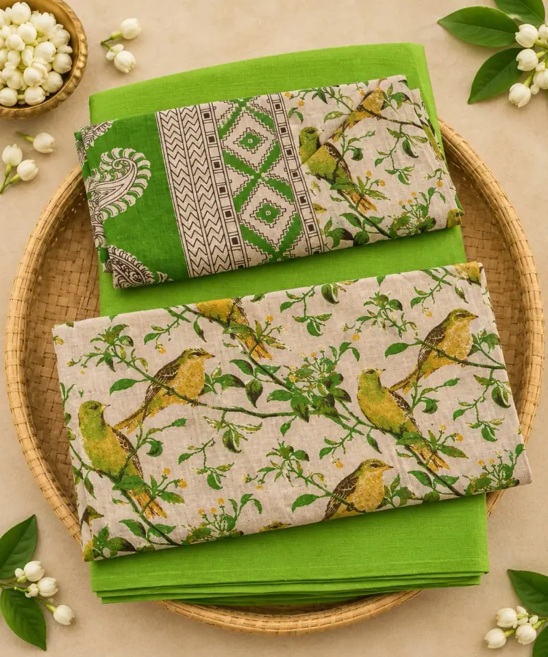 Kalamkari Cotton Dress Material – Green Birds on Branches with Green