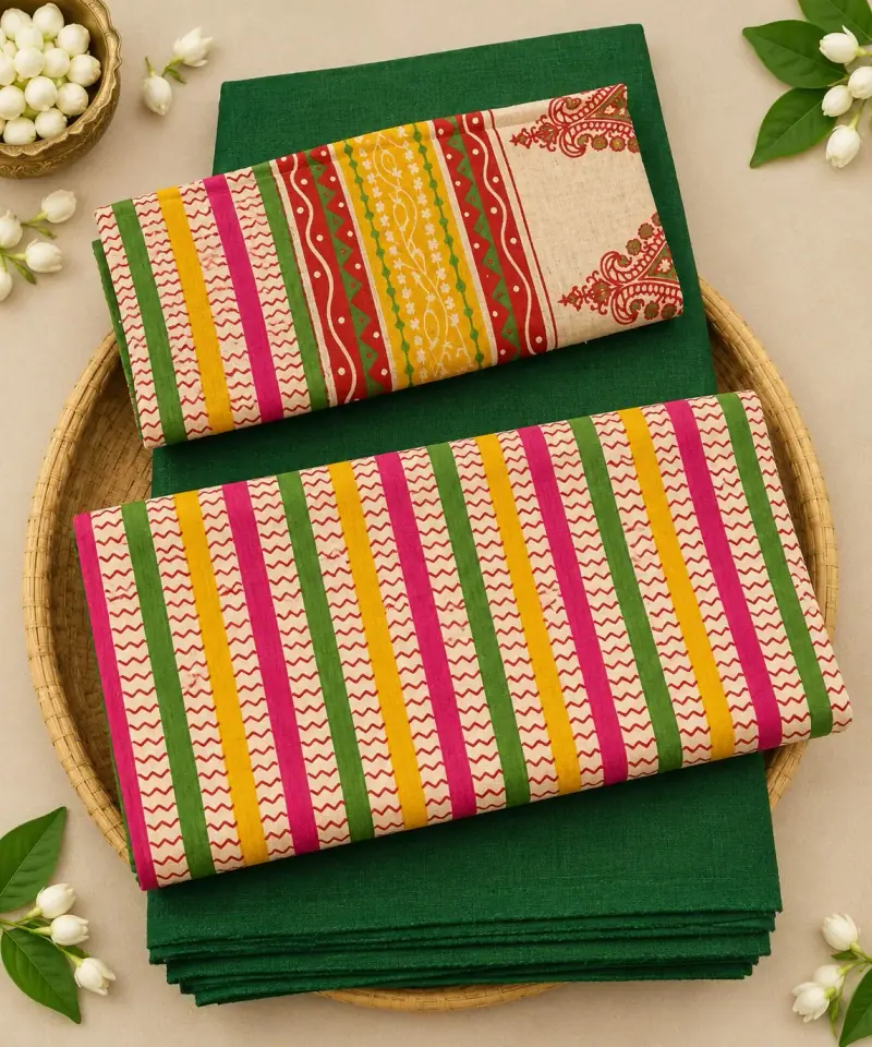 Kalamkari Cotton Dress Material – Pink and Yellow Stripes with Green