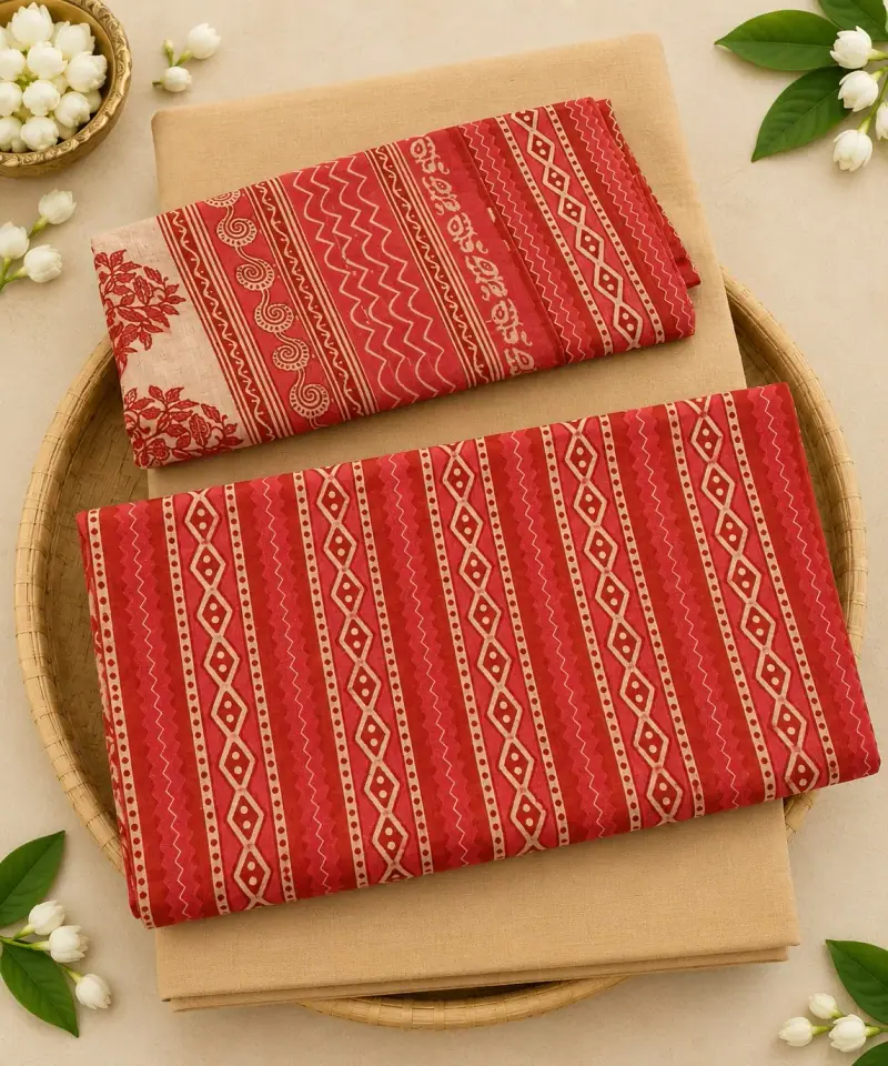 Kalamkari Cotton Dress Material – Red Geometric Stripes with Beige