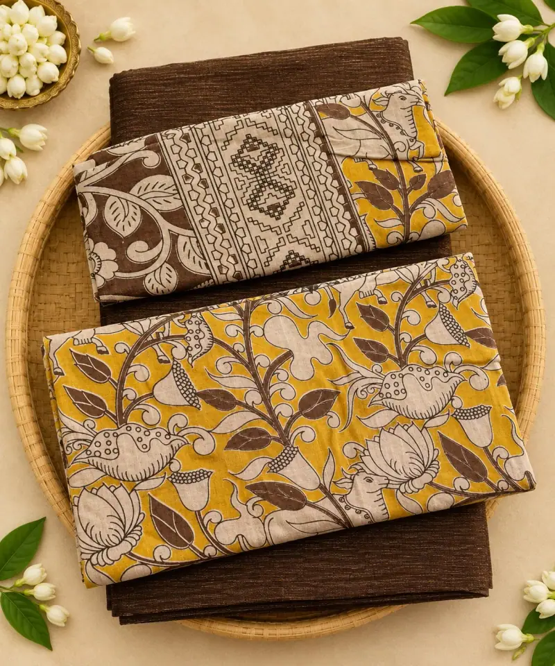 Kalamkari Cotton Dress Material – Yellow Lotus with Brown