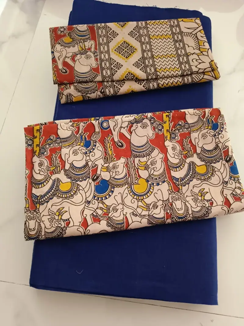 Kalamkari Cotton Dress Material – Red Elephants with Navy