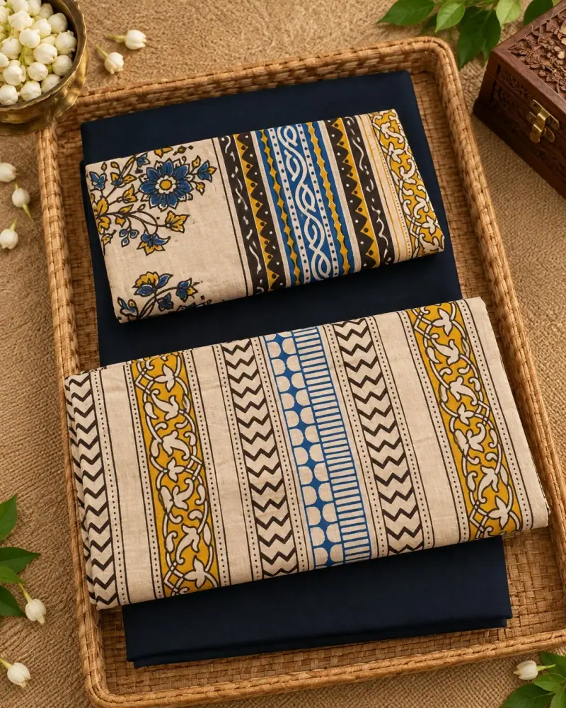 Kalamkari Cotton Dress Material – Cream Stripes with Navy