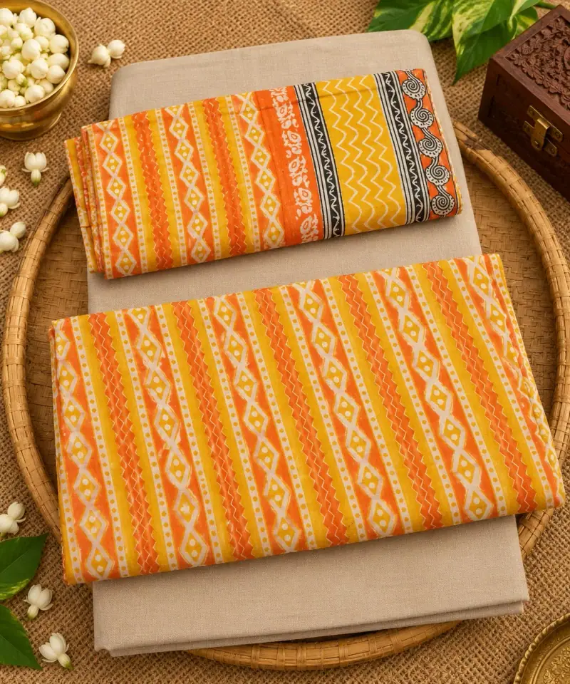 Kalamkari Cotton Dress Material – Orange Stripes with Beige