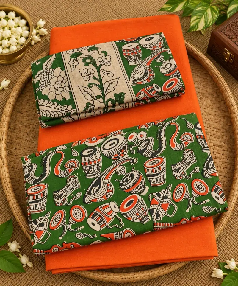 Kalamkari Cotton Dress Material – Green Musical Instruments with Orange