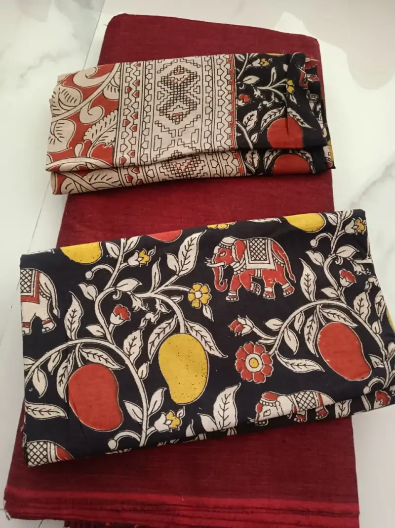 Kalamkari Cotton Dress Material – Black Elephant and Mango with Maroon