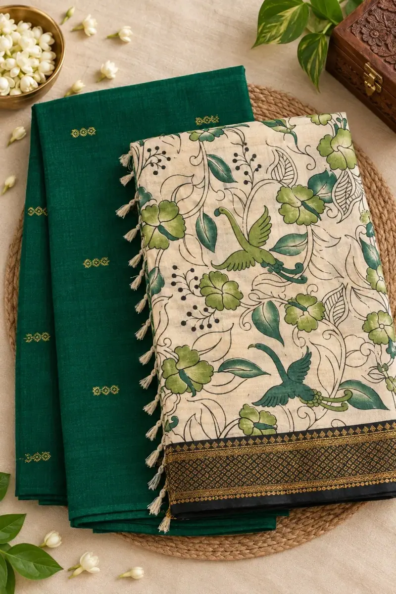 Raw Silk Top with Dupatta – Green Top, Bird and Floral Dupatta