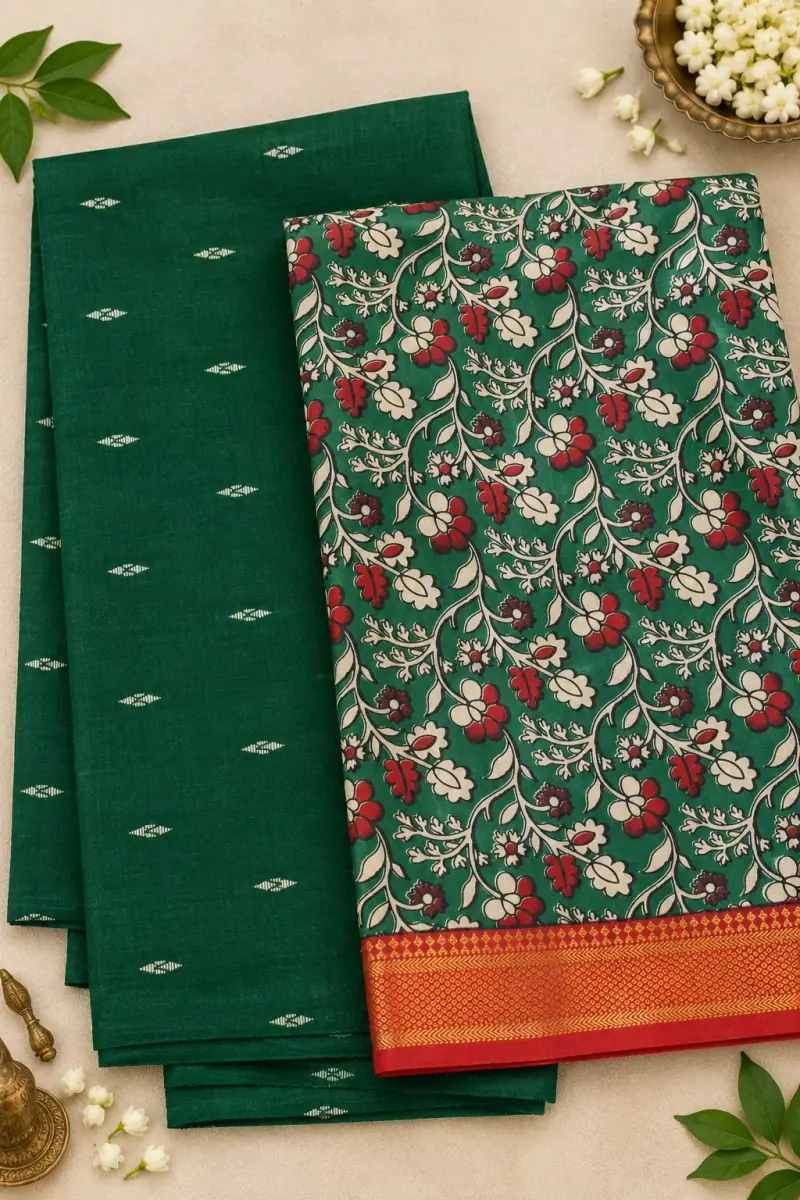 Raw Silk Top with Dupatta – Green Top, Red Floral Dupatta