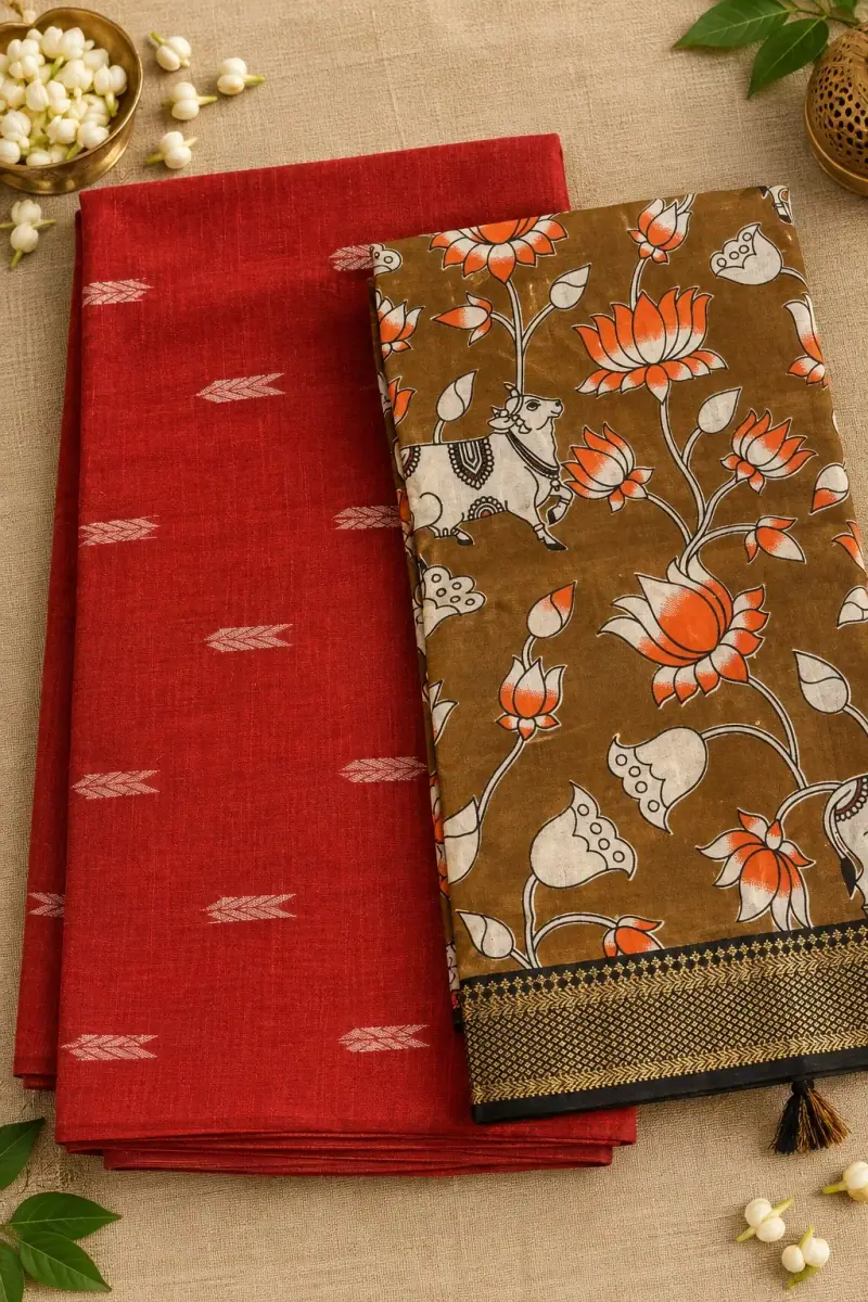 Raw Silk Top with Dupatta – Red Top, Lotus and Cow Dupatta