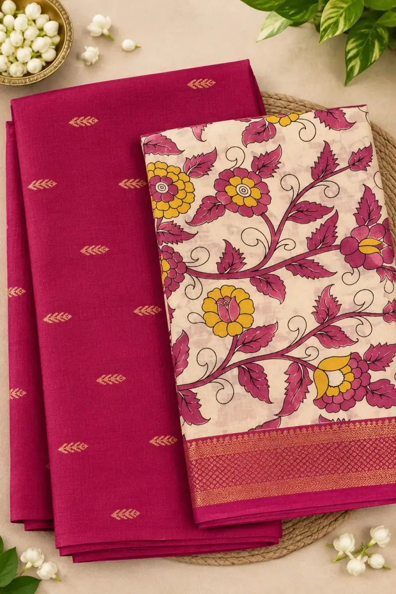 Raw Silk Top with Dupatta – Magenta Top, Floral Dupatta