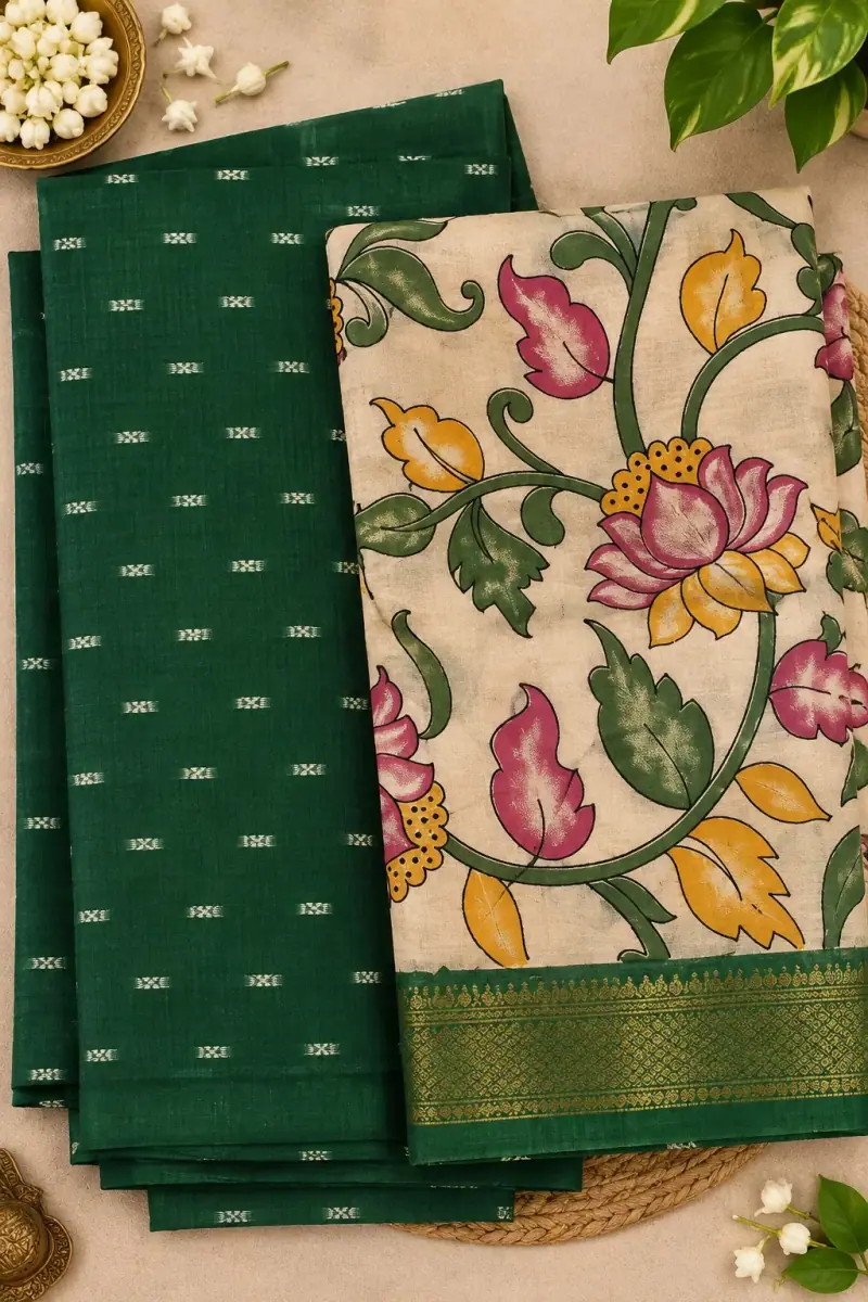 Kalamkari Cotton Dress Material – Cream Lotus Floral with Green