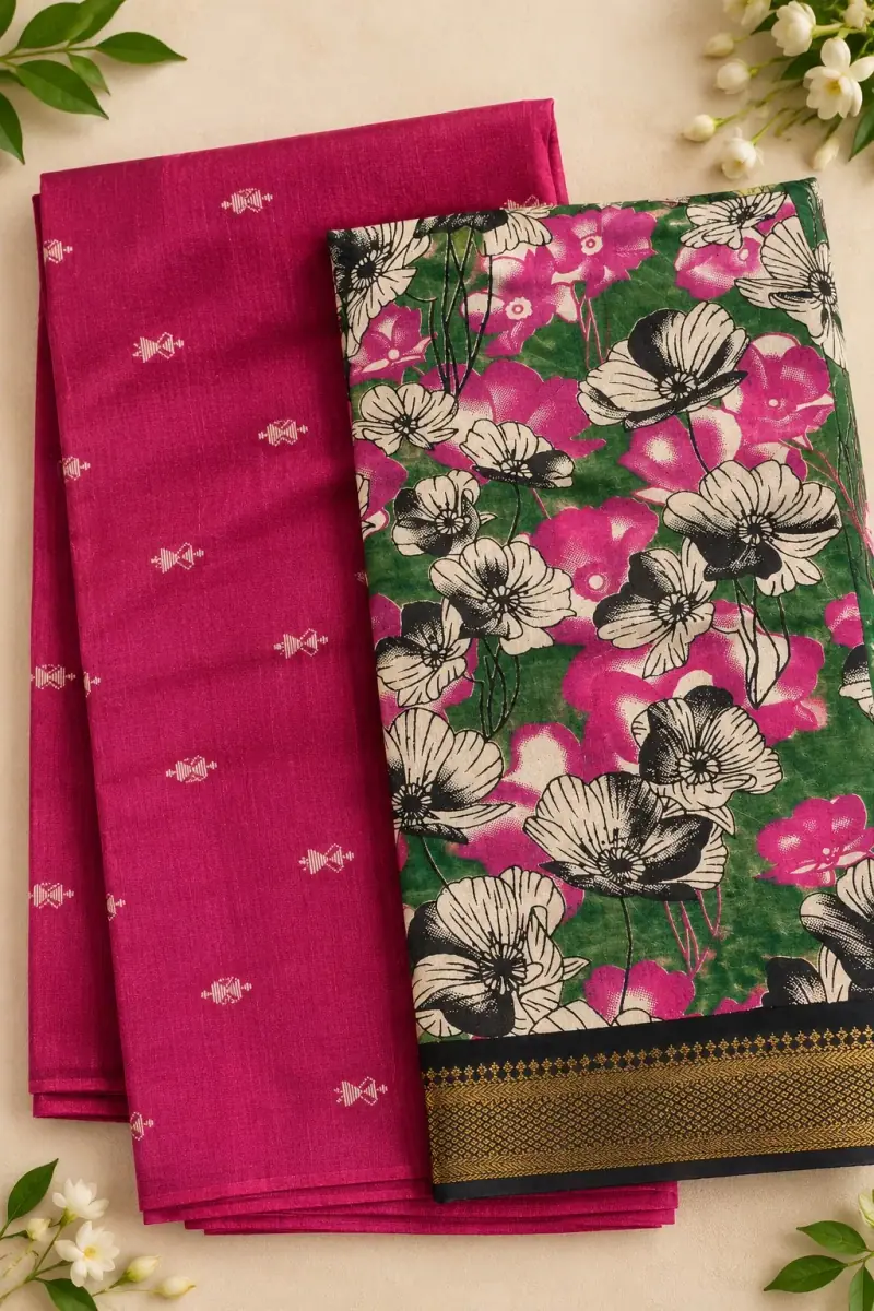 Raw Silk Top with Dupatta – Magenta Top, Pink Floral Dupatta
