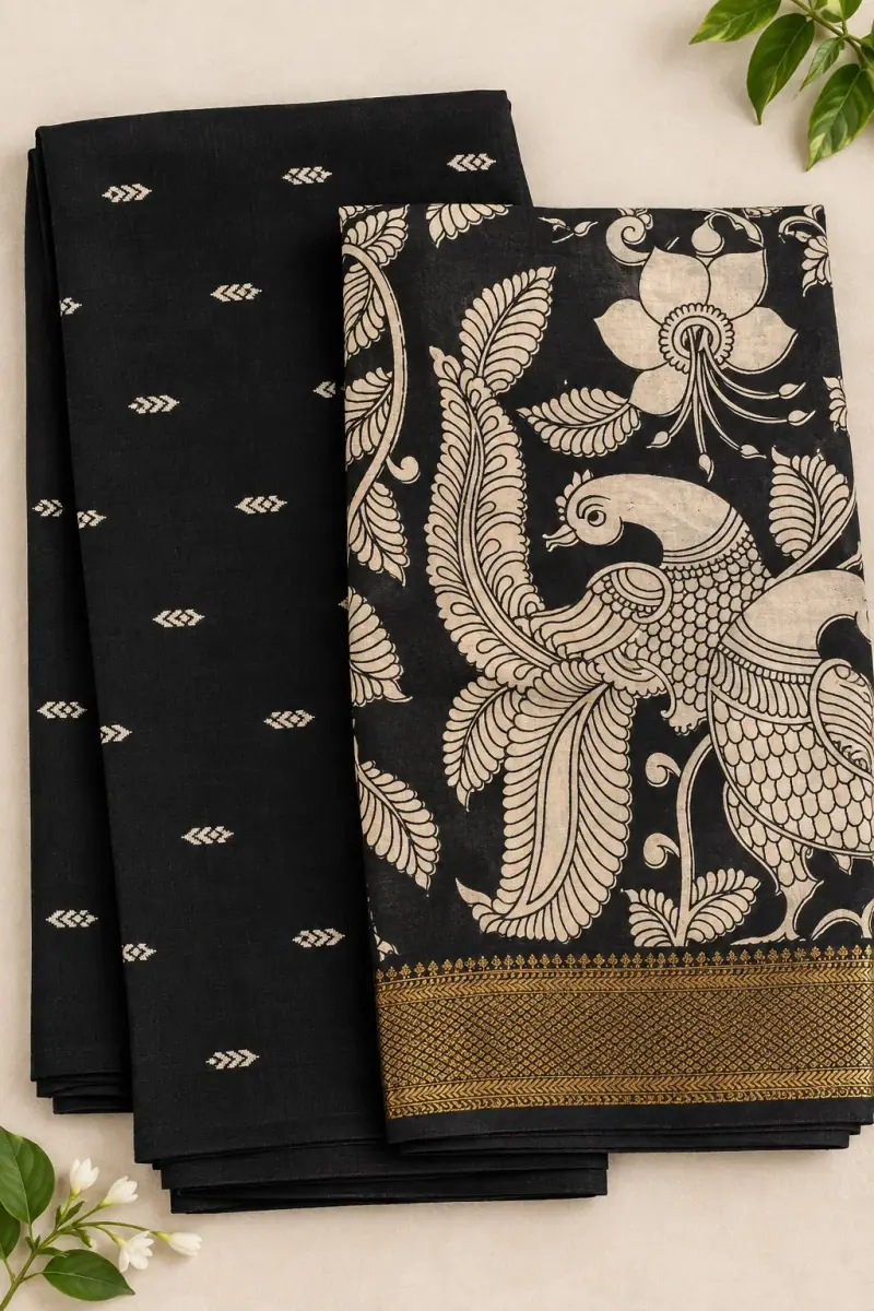 Raw Silk Top with Dupatta – Black Top, Peacock Dupatta