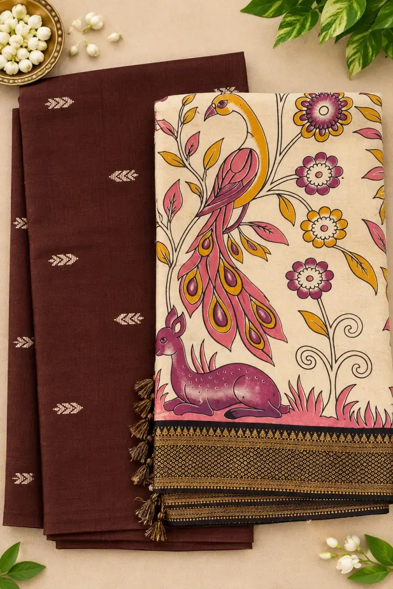 Raw Silk Top with Dupatta – Brown Top, Peacock and Deer Dupatta