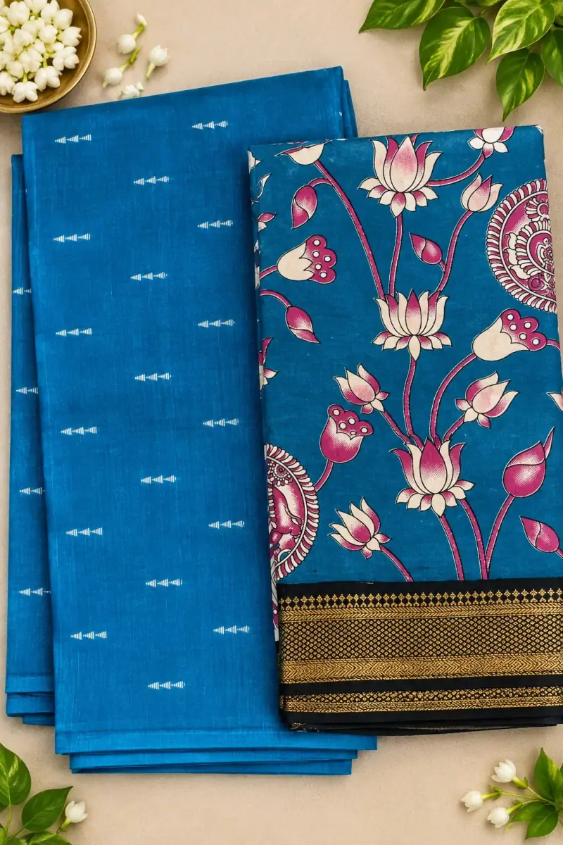 Raw Silk Top with Dupatta – Blue Top, Pink Lotus Dupatta