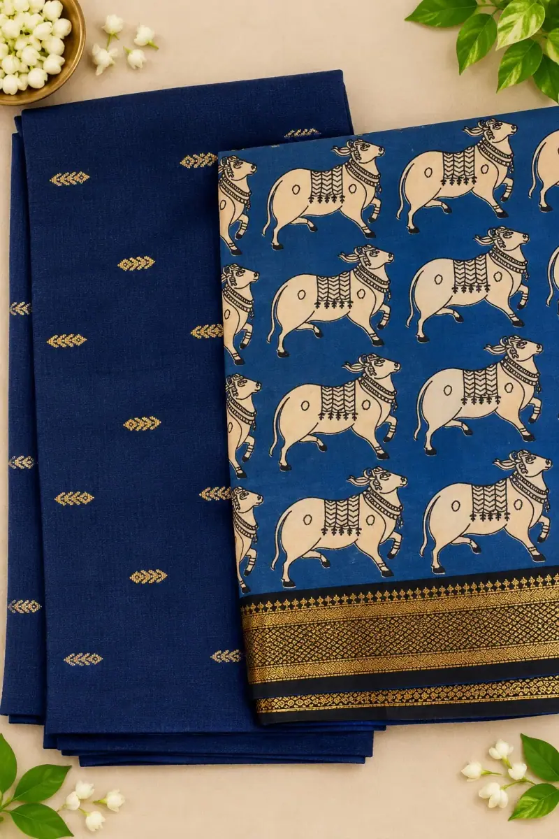 Raw Silk Top with Dupatta – Navy Top, Cow Dupatta