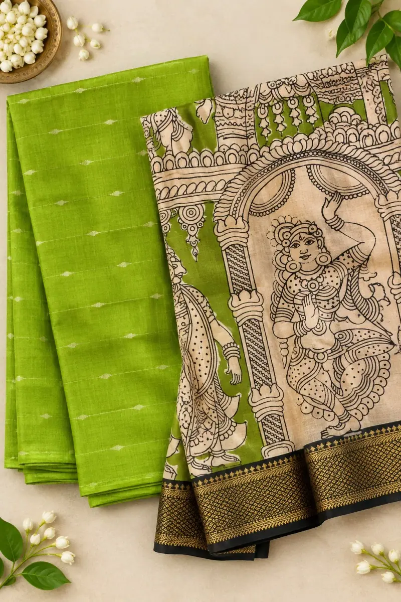 Raw Silk Top with Dupatta – Green Top, Temple Figure Dupatta