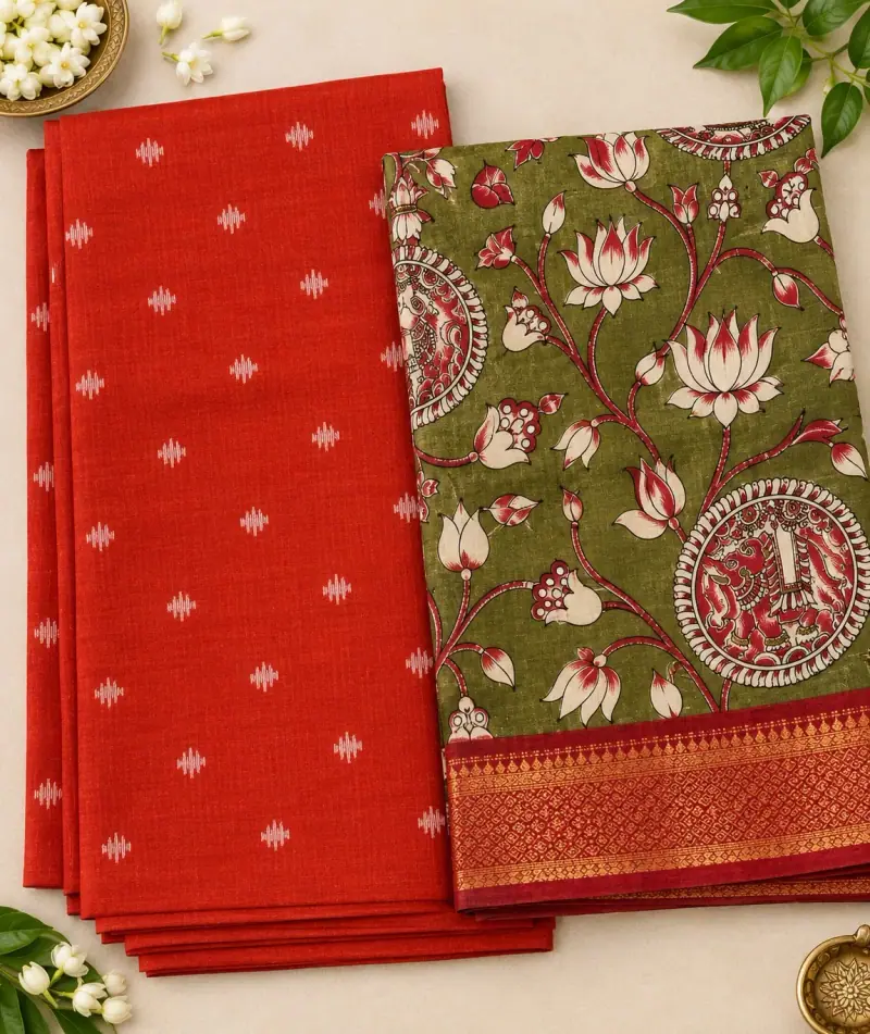 Raw Silk Top with Dupatta – Red Top, Lotus Dupatta