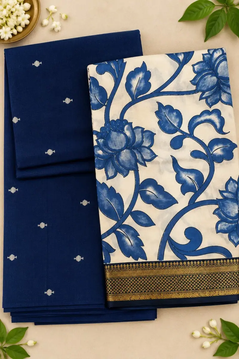 Raw Silk Top with Dupatta – Navy Top, Blue Floral Dupatta