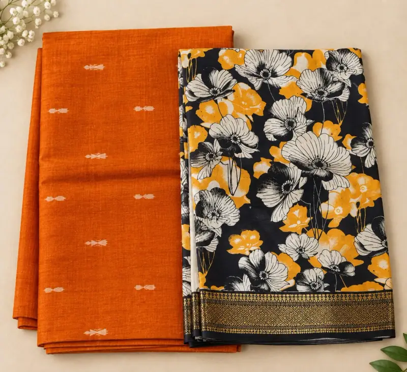 Raw Silk Top with Dupatta – Orange Top, Black Floral Dupatta