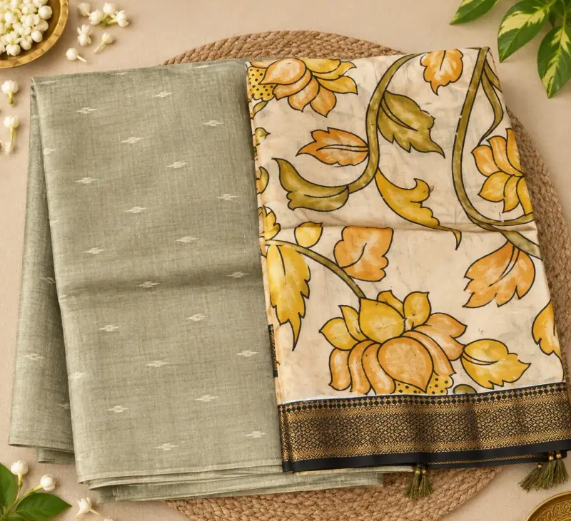 Raw Silk Top with Dupatta – Sage Top, Yellow Lotus Dupatta