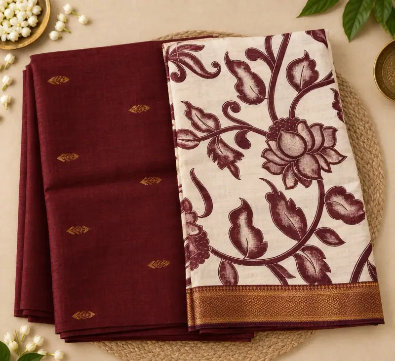 Raw Silk Top with Dupatta – Maroon Top, Lotus Vine Dupatta