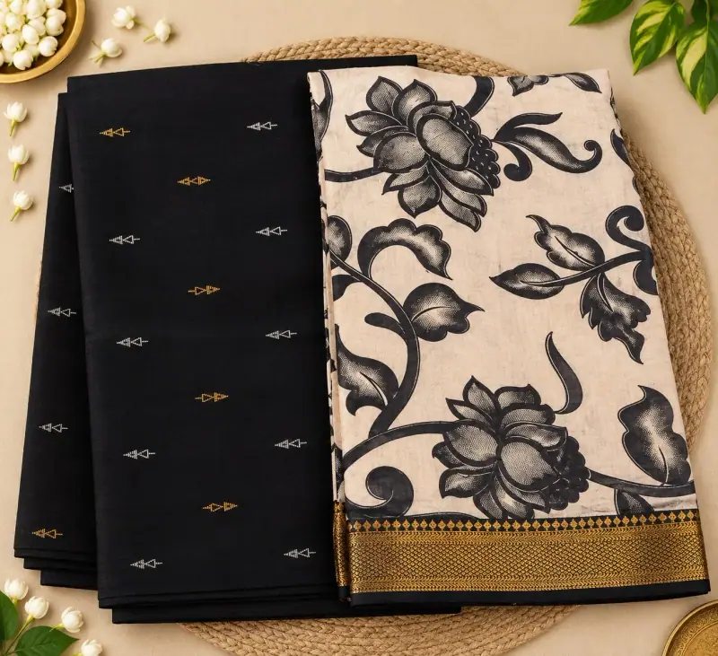 Raw Silk Top with Dupatta – Black Top, Lotus Dupatta