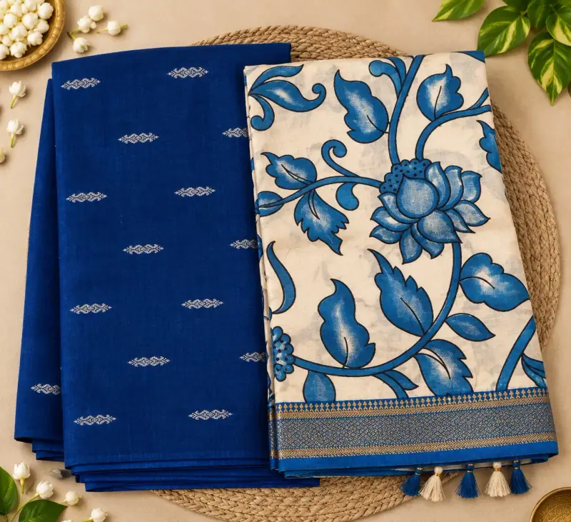 Raw Silk Top with Dupatta – Royal Blue Top, Blue Lotus Dupatta