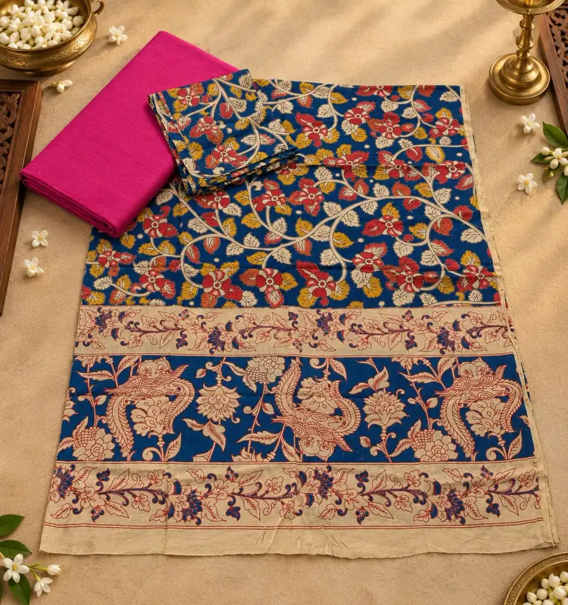 Kalamkari Cotton Dress Material – Blue and Red Floral Vine with Pink