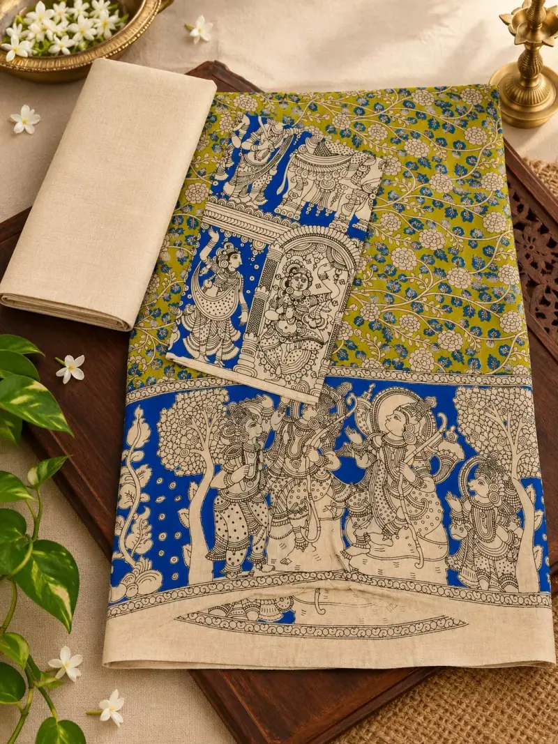 Kalamkari Cotton Dress Material – Green and Blue Figure Panels with Cream