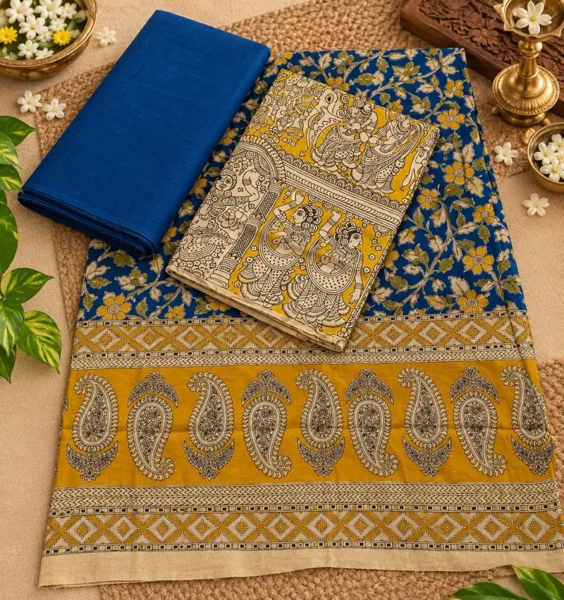 Kalamkari Cotton Dress Material – Blue Floral and Mustard Paisley with Blue