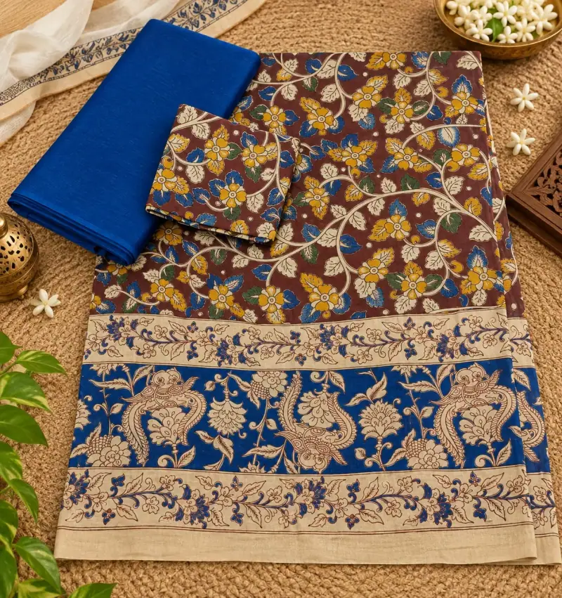 Kalamkari Cotton Dress Material – Brown and Blue Floral with Blue