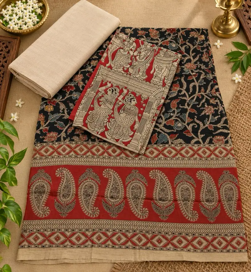 Kalamkari Cotton Dress Material – Black Floral and Red Paisley with Cream